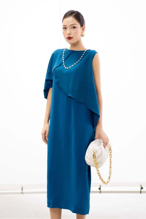 Sixdo Dark Blue Midi Silk Dress